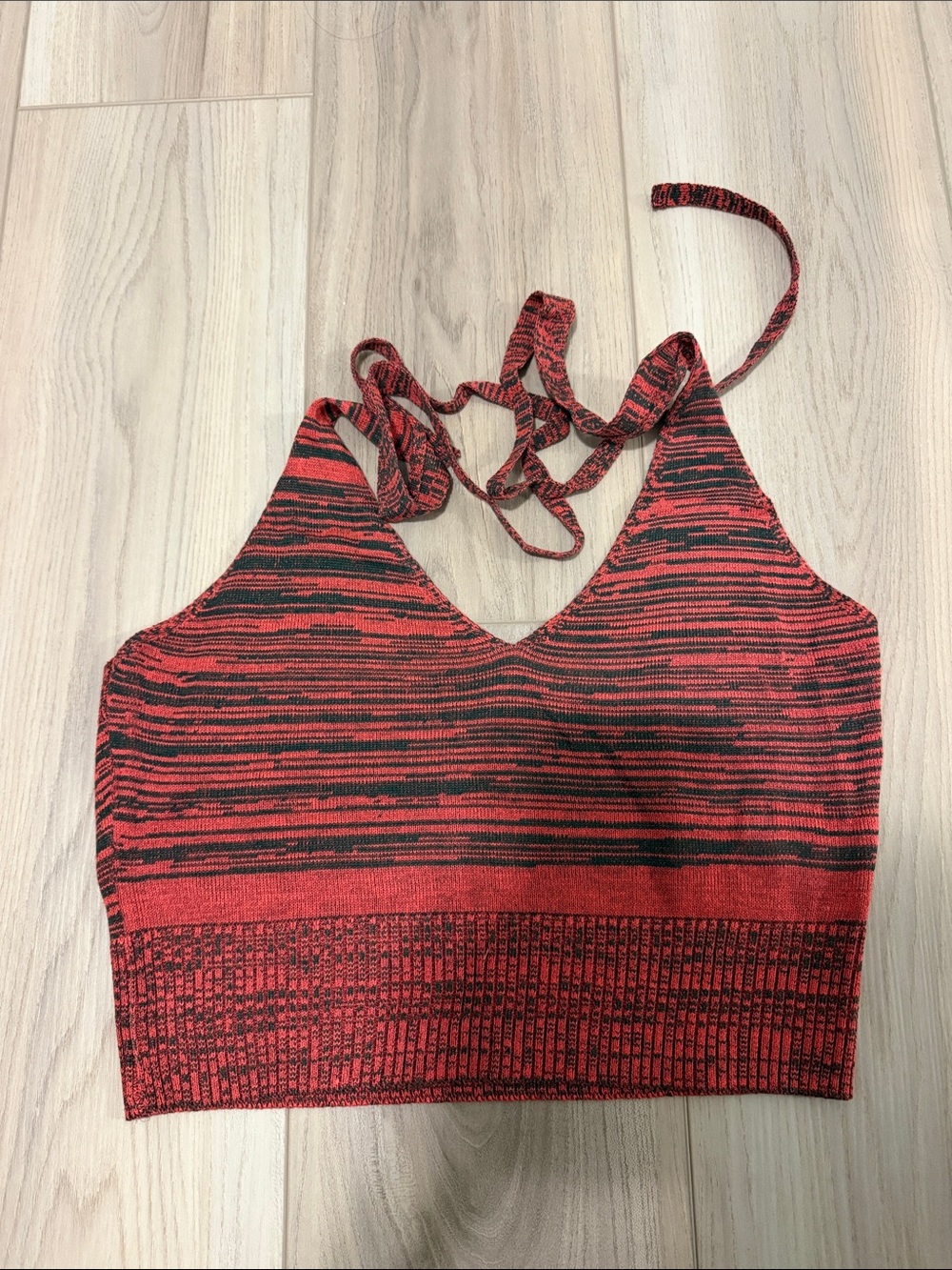 Seamless Red & Black Striped Halter Crop Top